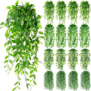 Daifunli 16 Pcs Artificial Hanging Plants Fake Hanging Ferns Plastic Fake Plants for Wall Room Garden Garland Indoor Outdoor Decor No Basket (Eucalyptus,Mandala,String of Pearls,Pea)
