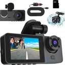 3 Channel Dash Cam Front and Rear - 1080P Dash Cam Front and Inside with Night Vision, Motion Detection, Parking Monitor - Includes 32GB MMC Card for G-Sensor Protection and Loop Recording