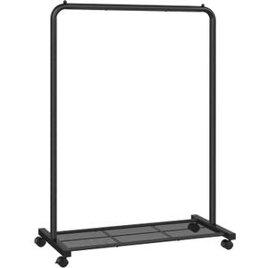 SONGMICS Clothes Rack with Wheels, Clothing Rack for Hanging Clothes, 25.4 mm Metal Garment Rack with Dense Mesh Storage Shelf, 110 lb Load Capacity, 2 Brakes, Black UHSR25BK