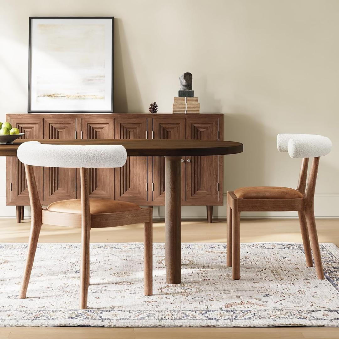 Kmax Dining Room Chairs Mid-Century Modern Leather Kitchen Chairs with Natural Walnut Finished Frame, Fur White Curved Back, 2-Pcs Set, PU Brown