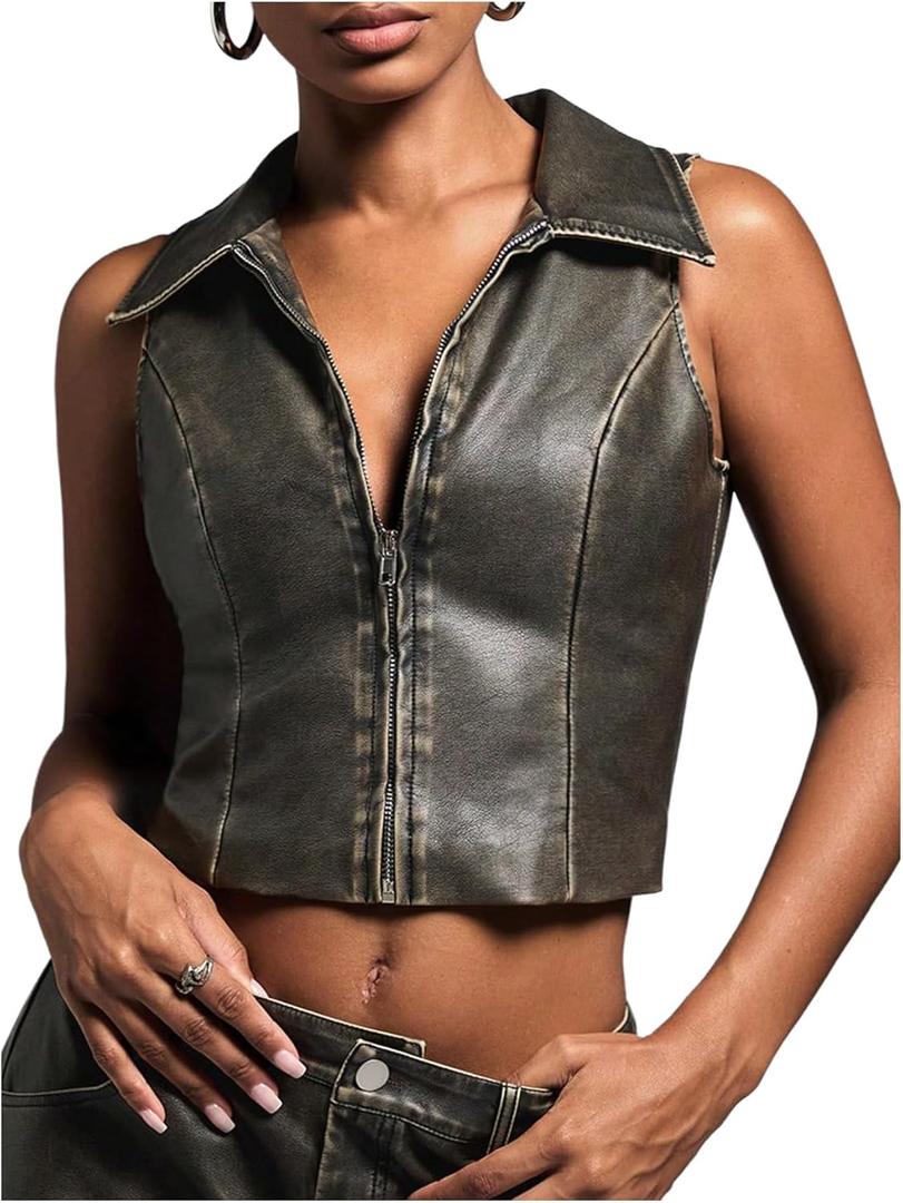 SHENHE Women's Y2k PU Leather Zip Up Crop Tank Vest Sleeveless Biker Moto Punk Jacket Top (Medium, Black)