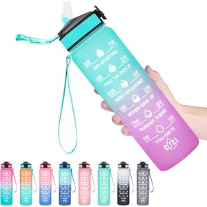 Hyeta 32 oz Water Bottles with Times to Drink and Straw, Motivational Water Bottle with Time Marker, Leakproof, Drinking Sports Water Bottle for Fitness, Gym and Outdoor (Green-Purple)