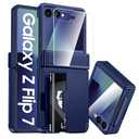 CENMASO for Samsung Galaxy Z Flip 7 Case with Card Holder [RFID Blocking] & Hinge Protection & HD Screen Protector, Rugged Anti-Scratch Full-Body Shockproof Phone Case for Z Flip 7-Blue