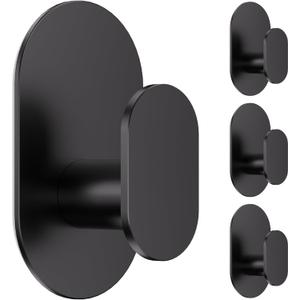 Aikzik Adhesive Towel Hooks - 4 Pack 26LB Extra Strong Heavy Duty Wall Hooks for Bathroom/Shower Door Hanging Coat, Robe, Towel, Dogs' Leads and Collars (Matte Black, Stainless Steel)