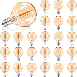 25Pack G40 Amber Glass LED Replacement Bulbs, 1W Equivalent 10W E12 Screw Base Shatterproof Globe Light Bulb for Indoor & Outdoor String Lights, 2200K Warm White
