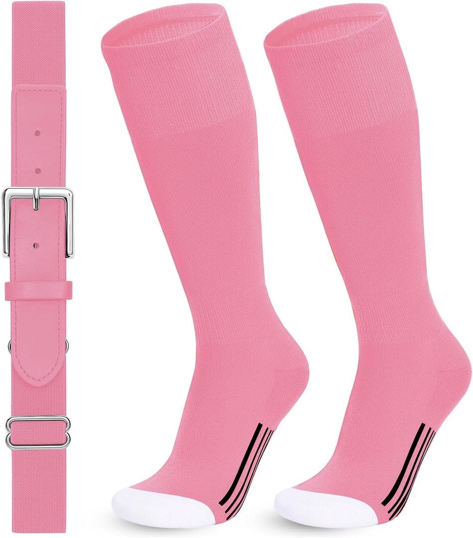 WHIPPY Baseball Socks and Belt Combo Softball Socks and Belt for Boys Girls (Pink, L)