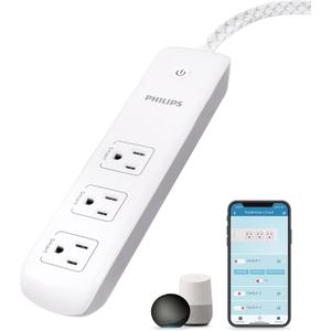 Philips 3 Outlet Smart Wi-Fi Extension Cord, 4 Ft Braided Cord, Individual Control, Compatible with Alexa, Google Home, Bluetooth Set Up, No Hub Required, ETL Listed, White, SPC9034WB/37