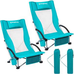 KingCamp Low Beach Chairs, Portable Folding Chair for Adults Extra Wide Ergonomic High Back Seat 300lbs Heavy Duty Lightweight Oversized Gear with Carry Bag for Outdoor Lawn Camping Picnic (Ergobreeze-cyan-2 Pack)