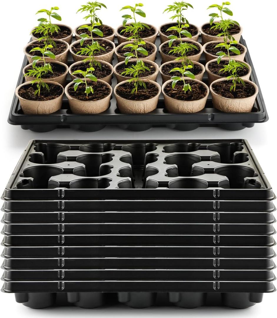 RooTrimmer 20 Cell Plant Trays for Carrying 3 inch Round Nursery Pots, Sturdy Plastic Trays Suitable for Holding 200 pcs Peat Pots (10 Packs) (Black)