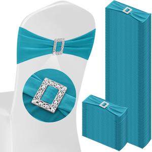 100 Pcs Spandex Chair Sashes with Square Buckle Slider Stretch Chair Cover Band Universal Elastic Ties Straps Bows for Wedding Banquet Event Party Decoration (Lake Blue)