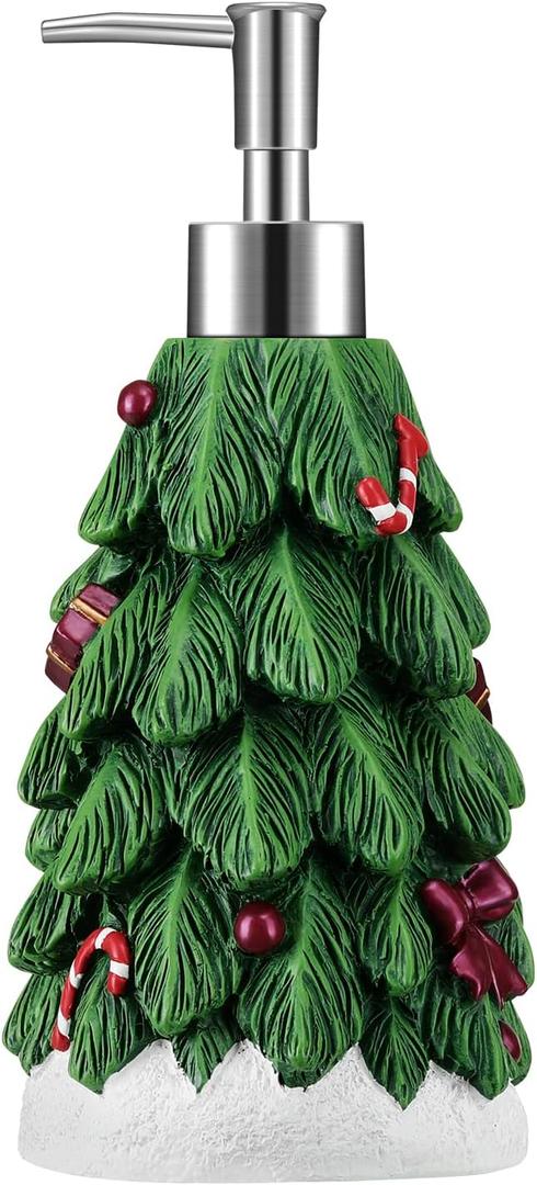 Emibele Christmas Tree Lotion Dispenser, Resin Hand Soap Shampoo Shower Gel Dispenser Bottle, Refillable Leak Proof Decorative Pump Bottle for Bathroom Kitchen Countertop 13.5oz/400ml, Green
