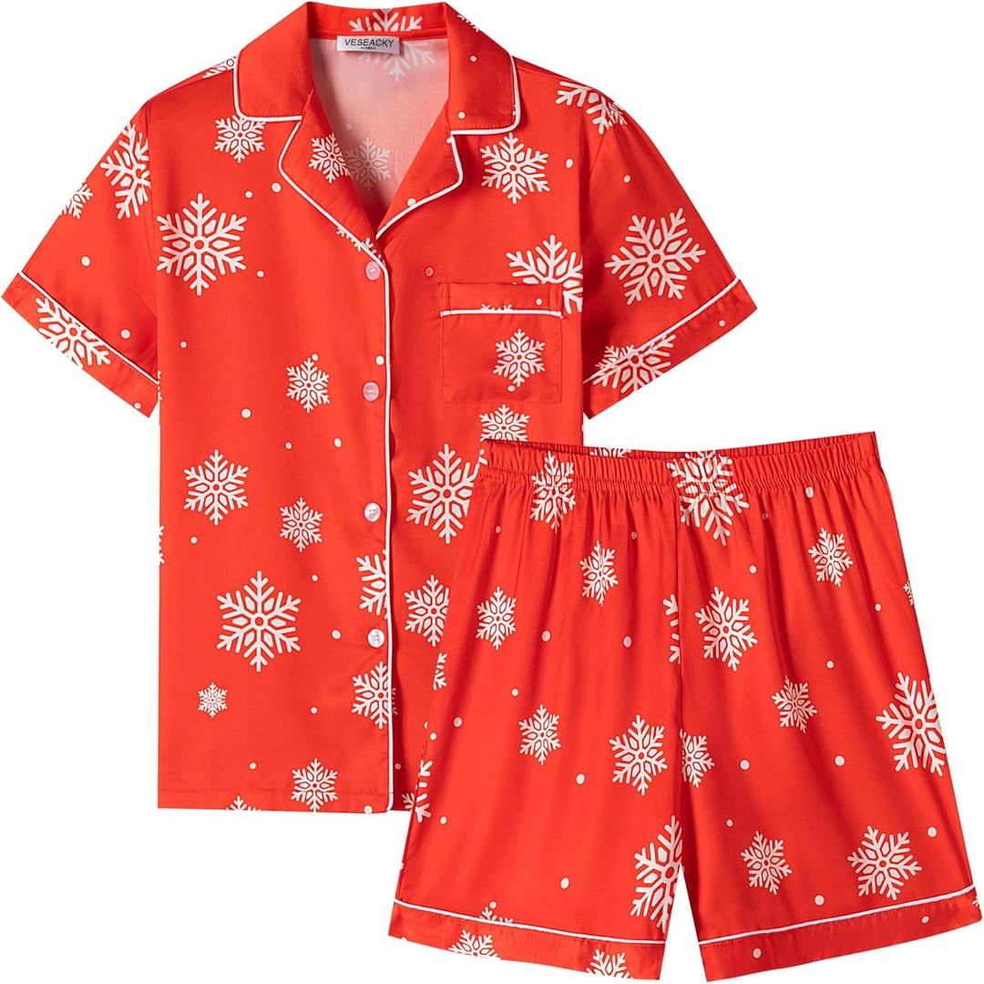 Veseacky Toddler Girls Satin Pajamas Sets Kids Silk Pjs Short Sleeve Button Down Sleepwear Soft Loungewear Set(Snowflake,size 4)