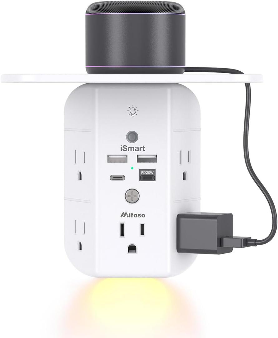 PD20W Wall Outlet Extender, Outlet Splitter with Shelf and Night Light, USB Wall Charger with 5 AC Outlets and 2 USB A Ports 2 USB C Ports Wide Space 3-Sided Power Strip Multi Plug Outlets (White)