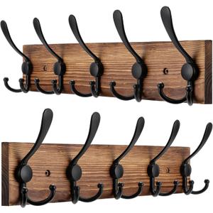 Kuhome 2pcs Coat Rack Wall Mount Wooden Hat Rack for Wall Hooks Pine Real Wood Plank 16.9" Brown Coat Hanger with 5 Triple Hooks for Hanging Coat Hat Jacket