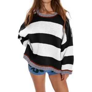 Womens Cute Colorful Sweater Knit Striped Crewneck Long Sleeve Loose Pullover Swaters Tops (Large, White)