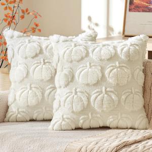 MIULEE Fall Throw Pillow Covers 16x16 Set of 2 Autumn Decorations Cream White Pumpkin Accent Pillowcase for Outdoor Porch Sofa Couch Bed Living Room Plush Faux Fur Halloween Farmhouse Home Decor