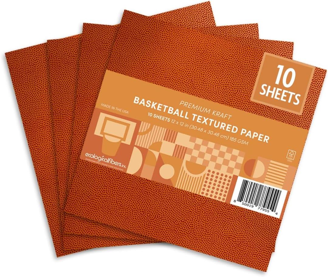Premium Sports Textured Kraft Paper, 12" x 12" Sheets, by Ecological Fibers (Basketball, 10 Sheets)