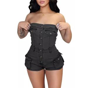 Quzzion Summer Jean Tube Top Jumpsuits for Women Trendy Cargo Denim Rompers Sexy, M