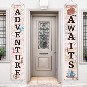 Adventure Awaits Bon Voyage Banner Garland Party Decoration Set Travel Themed Porch Sign Adventure for Indoor/Outdoor Retirement Moving Relocation Travel Wedding Bachelorette Party Decorations (Khaki