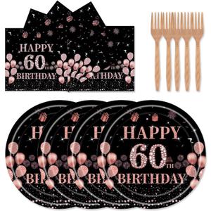 72 Pcs 60th Birthday Party Supplies Paper Plates and Napkins, Black Rose Gold 60th Birthday Plates Napkins Tableware Set for Men Women Cheers to 60 Years Decorations, Serve 24 (60th) Black Rose Gold