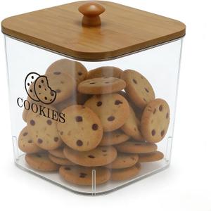 Cookie Jars with Wooden Lids Airtight, 2L Plastic Cookie Tin, Wide Mouth Candy Jar, Kitchen Counter Food Storage Container, Cute Jar for Gift Giving, BPA-Free, Clear (Rectangle)