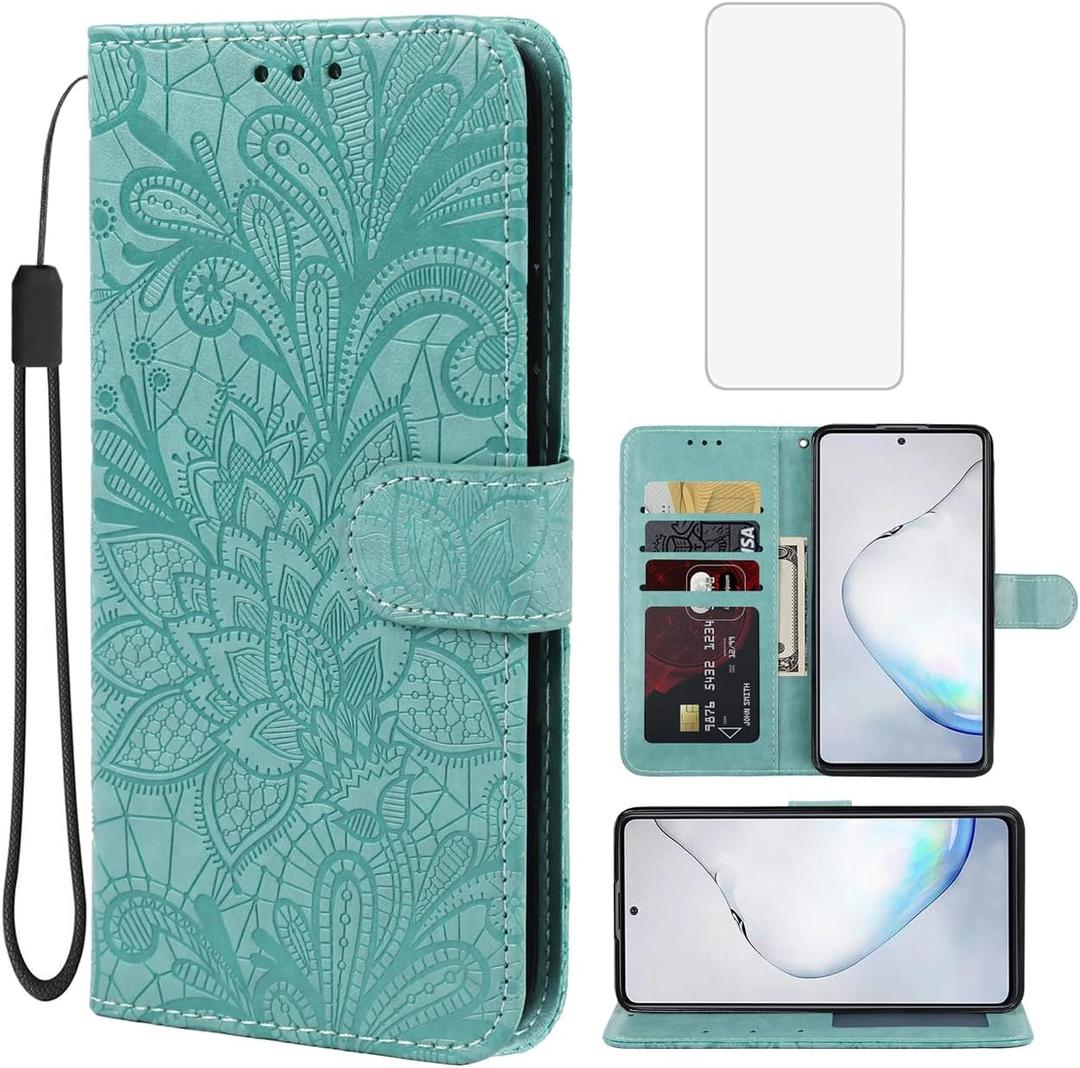 Case for Galaxy Note 10 Lite/Galaxy A81/M60S SM-N770F Wallet Case with Tempered Glass Screen Protector, Flower Leather Flip Credit Card Holder Phone Cover for Samsung Galaxy Note10 Lite Green