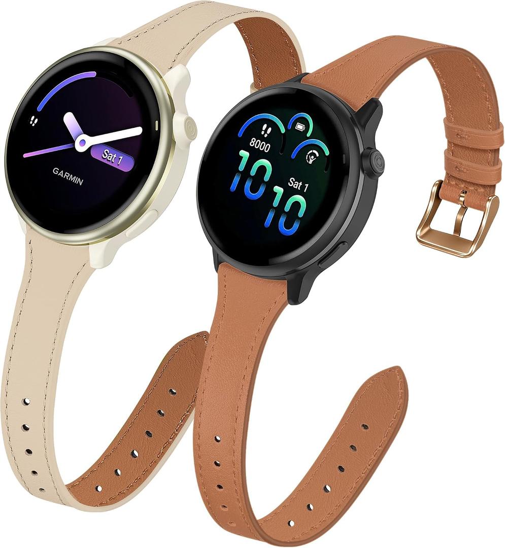 20mm Slim Leather Band Compatible with Garmin Vivoactive 6/5/3/3 Music, 2-pack Leather Band Slim Thin Strap for Venu Sq 2/Forerunner 55/165/245/645 Women