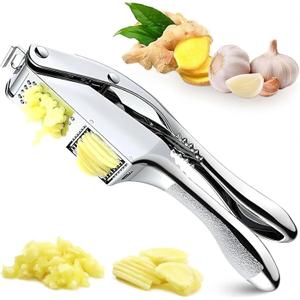 3-in-1 Stainless Steel Garlic Press & Peeler Machine - Professional Garlic Mincer, Crusher, and Chopper with Silicone Peeler & Brush - Essential Kitchen Gadget for Perfectly Minced Garlic