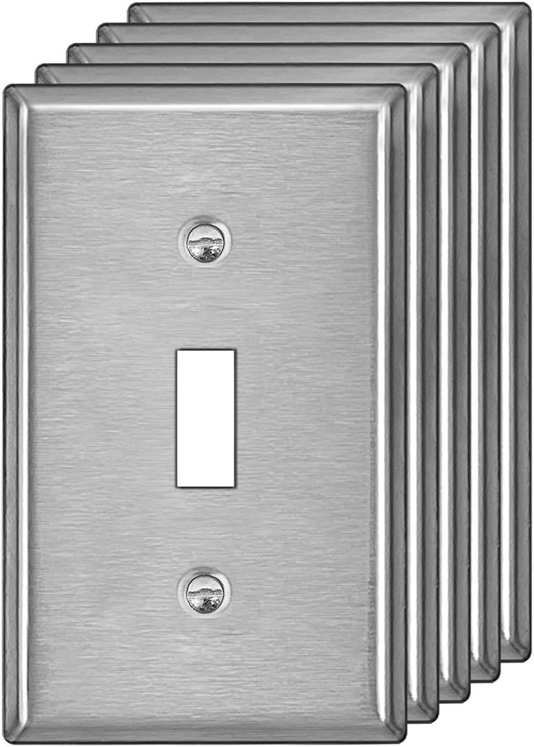 BESTTEN 1-Gang Toggle Metal Wall Plate with hite or Clear Plastic Film, Corrosion-Resistant Stainless Steel Switch Cover, Industrial Grade Stainless Steel, Standard Size, Brushed Finish, 5 Pack