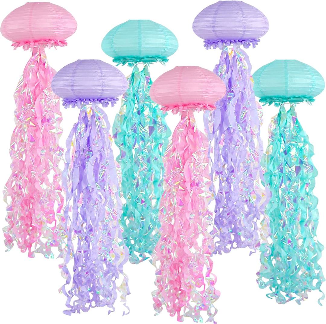 Jellyfish Paper Lanterns, Under The Sea Party Decorations, 6pcs Hanging Jelly Fish for Mermaid Ocean Themed Birthday Party Decorations, Baby Shower Classroom Decor (Blue Pink Purple