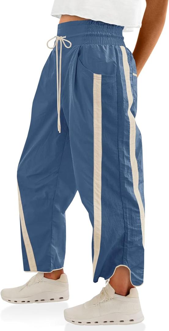 Fisoew Women's Baggy Wide Leg Pants Casual Drawstring Elastic Waisted Contrast Color Workout Y2K Track Pants S