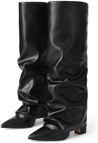 Synchoiss Womens Knee High Boots Wide Calf Chunky High Heel Boots Fashion Fold Over Boot Pointed Toe Winter Fall Tall Boots for Women Pull on Trendy, 8.5