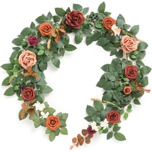 Ling's moment 5FT Terracotta Artificial Flower Garland Rose Eucalyptus Leaves Fall Floral Garland Burnt Orange Arch Flowers Vine for Wedding Party Backdrop Decor Mantel Table Centerpieces Decorations