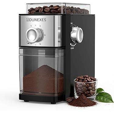 ROUNEXES Flat Burr Coffee Grinder Electric, Coffee Grinder with 17 Grinding Settings, Burr Mill Grinder with Large Bean Hopper & Removable Container