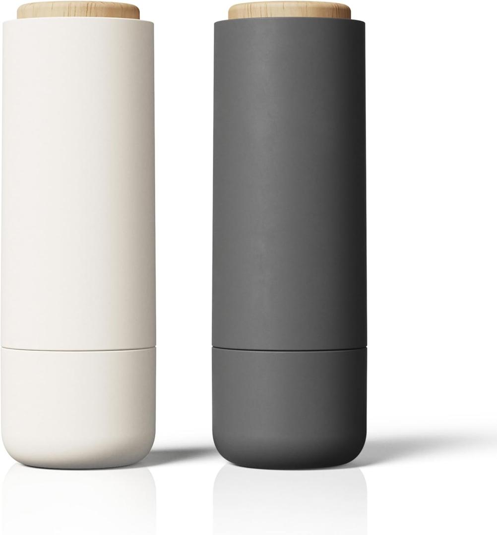 Salt and Pepper Grinder Set - Adjustable Ceramic Grinder - Premium Spice Shaker - Condiments Dispenser - Easy to Refill - Wood and soft coated plastic - 6.2 x 2.2 inch (White and Grey)