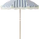 6FT Stripe Fringe Beach Umbrella for Sand with Sand Anchor, UPF 50+ Sun Shade with Tassels, Adjustable Tilt Pole, Portable Coastal Umbrella for Beach & Pool, Heritage Ocean Blue Stripe
