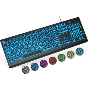 SABLUTE Large Print Backlit Keyboard, Wired USB Lighted Computer Keyboards with 7-Color & 4 Modes Backlit, Oversize Letters Keys Easy to See and Type, Quiet Keyboard Compatible for PC, Laptop (Black)