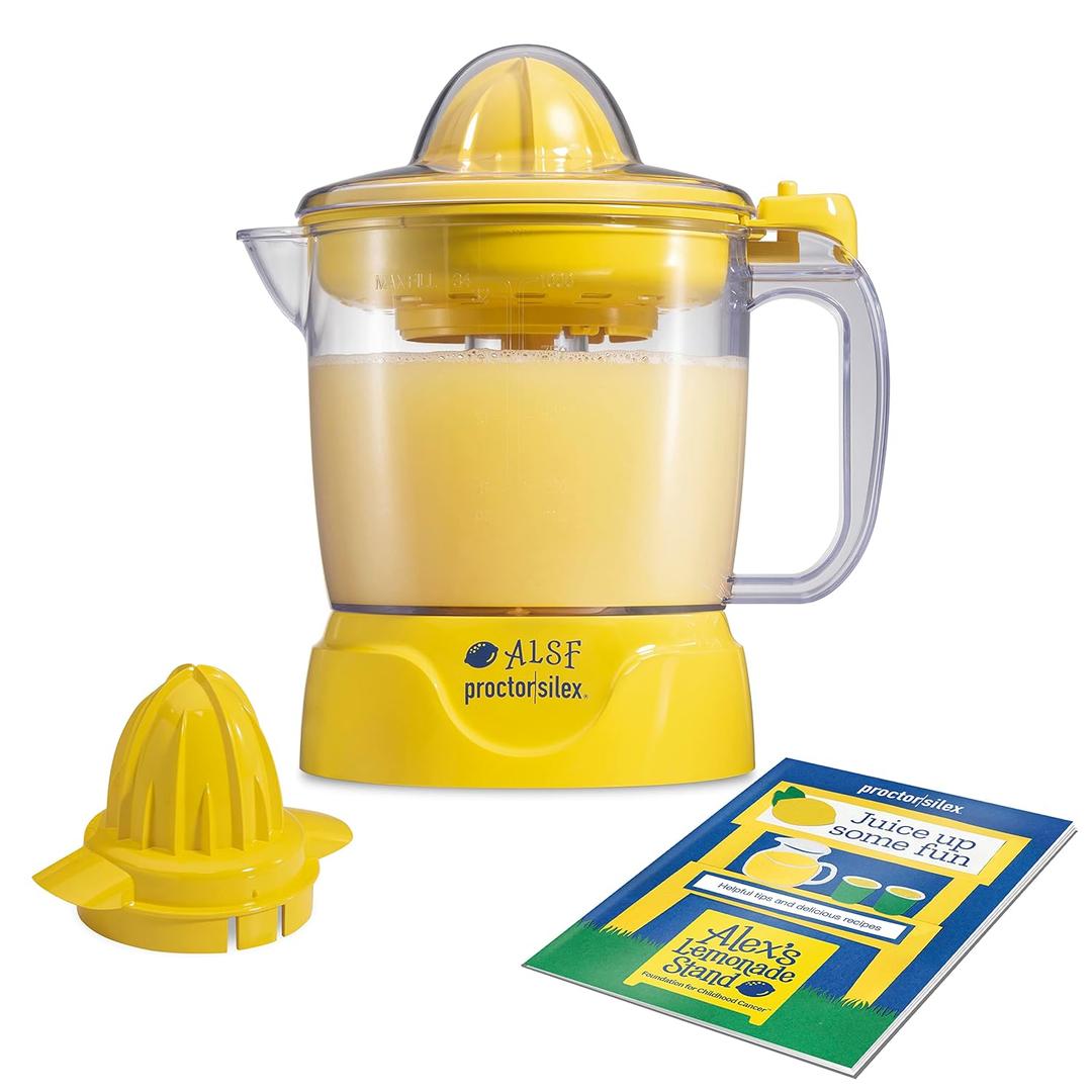 Proctor Silex Alex's Lemonade Stand Electric Citrus Juicer Machine, Large 34 oz. Pitcher, Pressure Activated, for Lemons, Limes and Oranges, 34 oz, Includes 2 Reamers & Recipe Book, Yellow (66341)