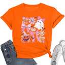 Halloween Shirts for Women Fall Pumpkin Tshirt -Cute Women Halloween Bow Ghost Tees Short Sleeve Tops Size 2XL, Orange 