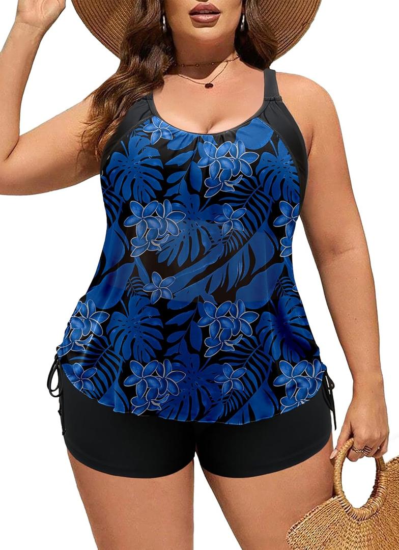 Swimsuit Plus Size Tummy Control Womens Bathing Suits with Shorts Loose Fit Swimsuit Tops Womens Swimwear Tankini with Shorts Dark Blue Leaves 20W/ 4XL