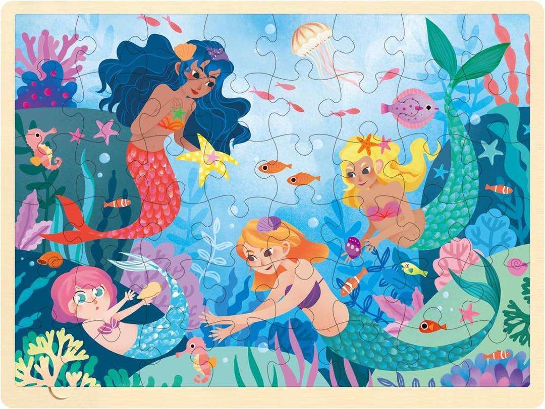 48 Piece Puzzles for Kids Ages 3-5, Fun Mermaid Wooden Jigsaw Puzzles for 3 Year Old, Preschool Toddler Puzzle Ages 4-8 with Tray
