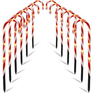 Biswing Christmas Outdoor Candy Cane Lights, 12 Pcs Christmas Pathway Markers with 72 Count Warm White Lights, Connectable for Indoor Outdoor Holiday Walkway Patio Garden Ornament