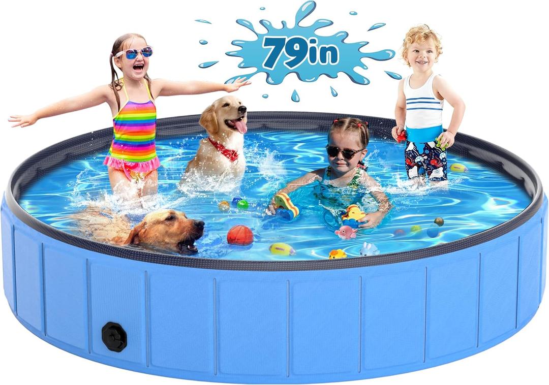 Instraella Extra Large Dog Pool Foldable Plastic Pool for Large Dogs, 0.6mm Durable and Collapsible Pet Bathing Tub Portable Outside Swimming Pool for Kiddie and Dogs (79x16in)