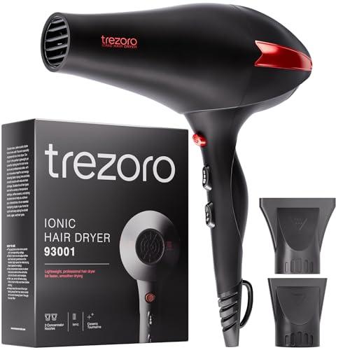 TREZORO Professional Hair Dryer, Ionic Ceramic Tourmaline Technology, 2000W Fast Quiet Drying, with Narrow & Wide Concentrator Nozzles, 3 Heat & 2 Speed Settings, Cool Shot Button, Black