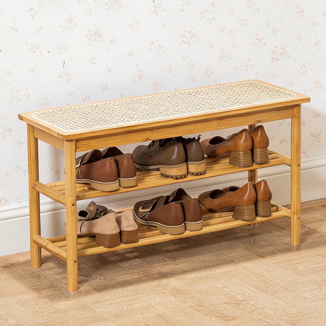 latifolia Shoe Rack Bench, 3-Tier Bamboo Shoe Bench with Breathable Rattan Seat Cushion, Shoe Storage Rack for Entryway(Nautre,31.50''L)