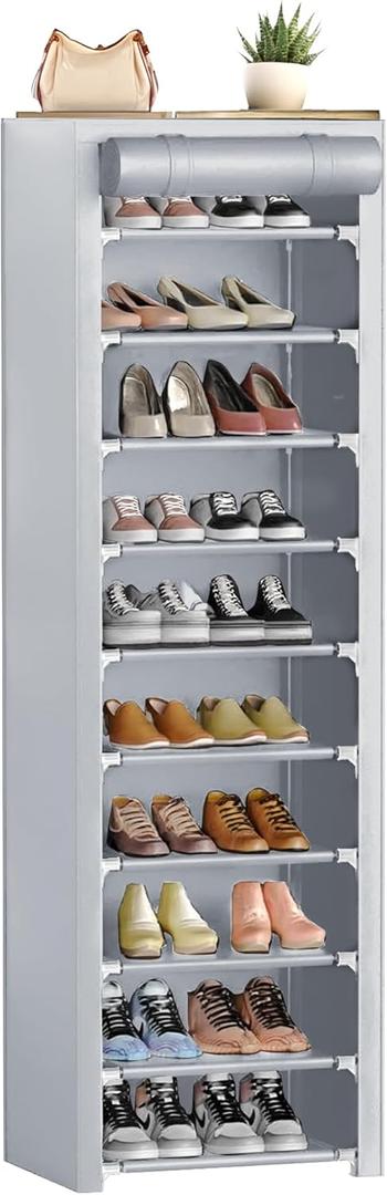 ERONE Shoe Rack with Cover 10 Tier Tall Slim Narrow Shoe Rack Organizer Space-Saving Sturdy Shoe Storage Shelf for Entryway, Closets (Grey)