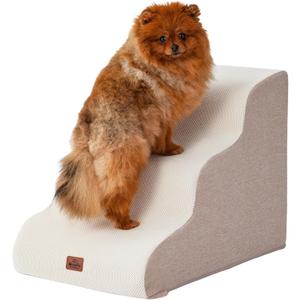 Beige Curved Dog Stairs Ramp for Small Dogs & Cats 17" H, 3-Step Dog Steps for Couch Sofa and Chair, Pet Stairs for Cats, Non-Slip Balanced Pet Steps