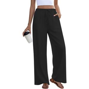 Anymeet Women's Linen Summer Palazzo Pants Flowy Wide Leg Beach Trousers XL (Black)