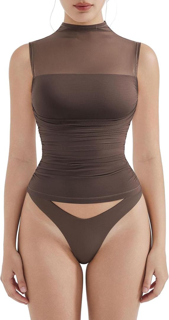 SUUKSESS Women Sexy Mesh Sheer Crop Tank Tops Sleeveless Ruched Going Out Tops (Small, Mocha)