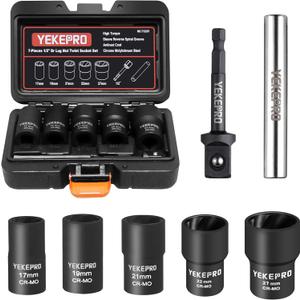 7PCS Lug Nut Removal Tool, 1/2" Drive Impact Twist Lug Nut Removal Socket Set, Wheel Lock Removal Kit, Stripped For Damaged, Frozen, Studs, Rusted, Nuts & Screws, Cr-Mo Steel